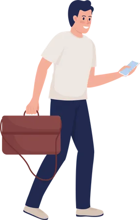 Smiling man with leather handbag and smartphone  Illustration