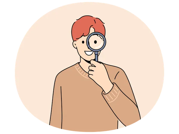 Smiling man with magnifying glass search for information  Illustration