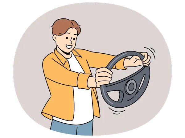 Smiling man with steering wheel in hands  Illustration