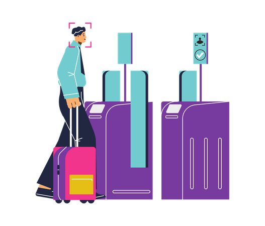 Smiling man with suitcase passes through turnstile use facial scanner  Illustration