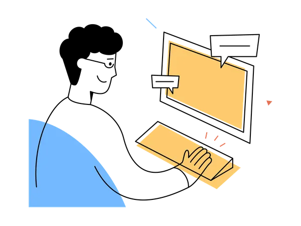 Smiling man works at computer keyboard in modern digital workspace  Illustration