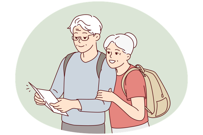 Smiling mature couple look at map traveling  Illustration