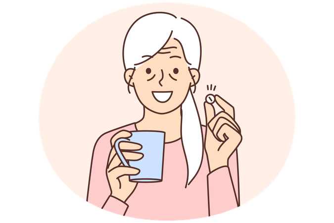 Smiling mature woman drink pill suffer from illness  Illustration