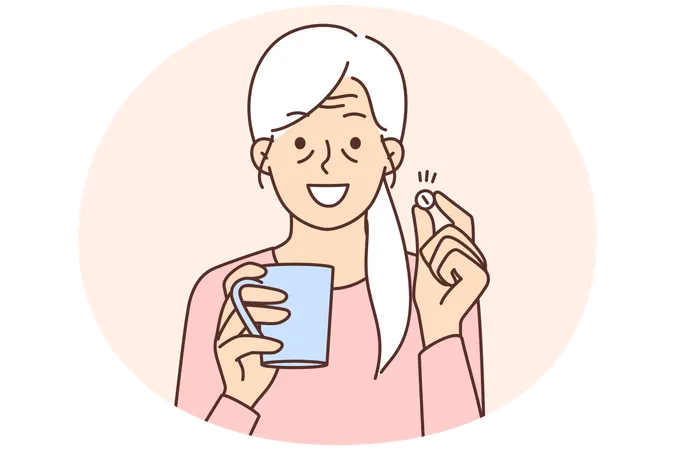 Smiling mature woman drink pill suffer from illness  Illustration