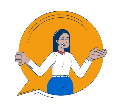 Smiling middle eastern corporate woman gesturing in speech bubble  Illustration