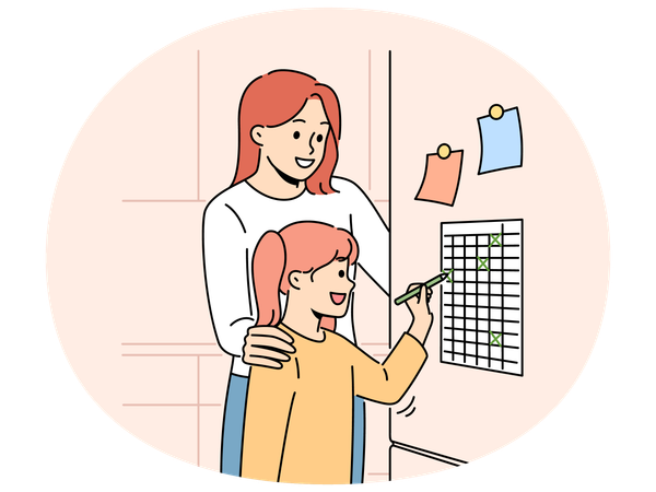 Smiling mother and daughter check tasks on to do list  Illustration