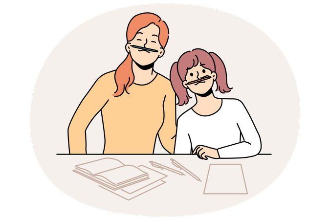 Smiling mother and daughter have fun doing homework  Illustration
