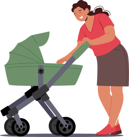 Smiling Mother Character Takes Care Of Her Newborn By Pushing A Baby Stroller Outdoors Depicting The Love And Care  Illustration