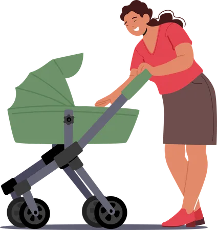 Smiling Mother Character Takes Care Of Her Newborn By Pushing A Baby Stroller Outdoors Depicting The Love And Care  Illustration