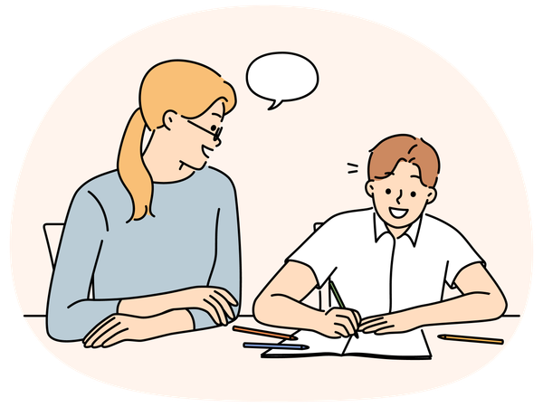 Smiling mother doing homework with happy child at desk at home  Illustration