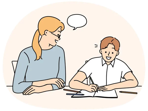 Smiling mother doing homework with happy child at desk at home  Illustration