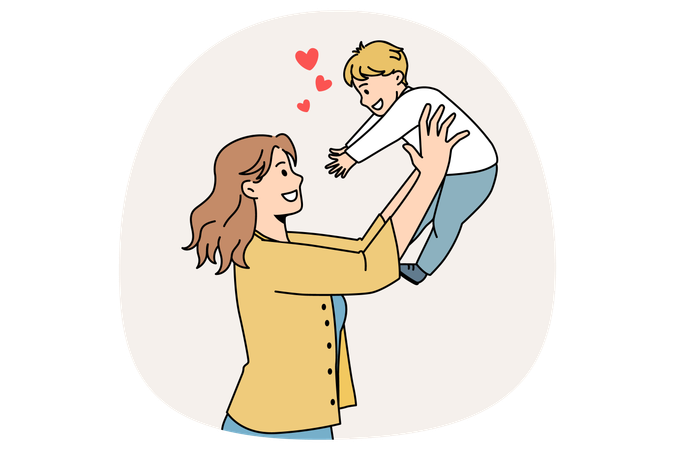 Smiling mother standing and holding her small baby boy reaching for her feeling love  Illustration