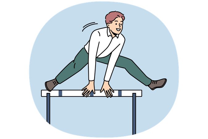 Smiling motivated businessman jumping over obstacle show problem solution  Illustration