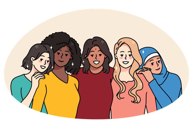 笑顔の多民族ガールフレンドたちはつながりと団結を感じている  イラスト