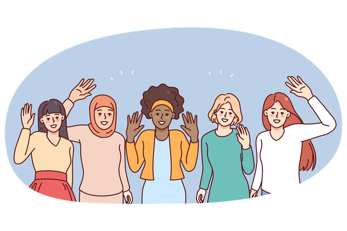 Smiling multiracial women waving hands  Illustration