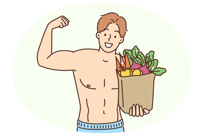 Smiling muscular man hold bag with vegetables  Illustration