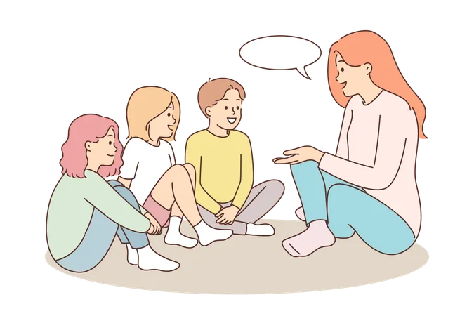 Smiling Nanny Sits On Floor Near Children And Tells Interesting Stories Or Riddles To Wards Young Friendly Teacher Discusses Plans For Summer Holidays With Children And Gives Advice On Right Behavior Illustration