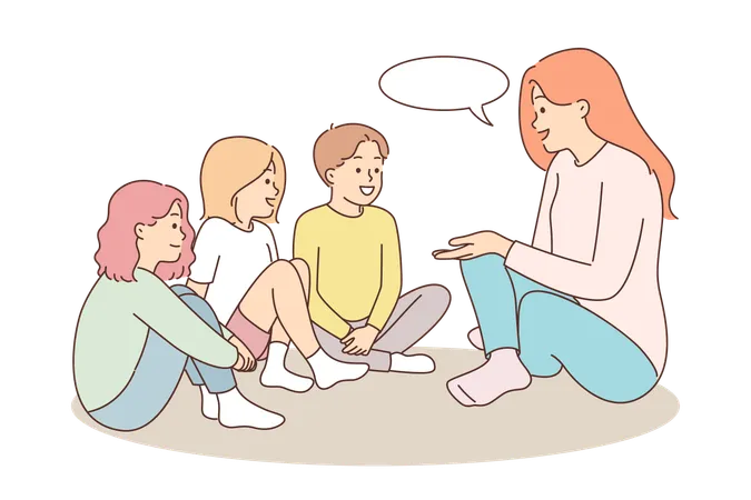 Smiling nanny sits on floor near children and tells interesting stories  Illustration