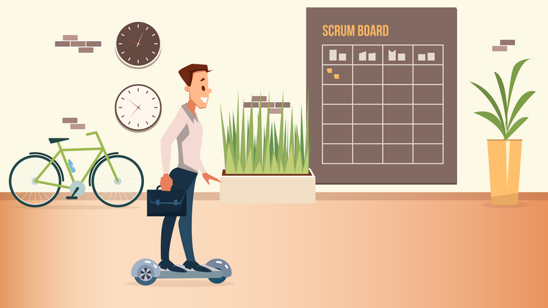 Smiling Office Worker in Suit Move on Hover Board  Illustration