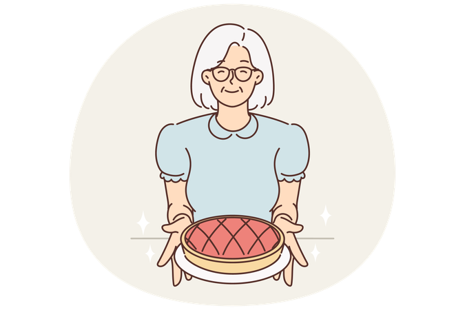 Smiling old grandmother hold homemade pie  Illustration