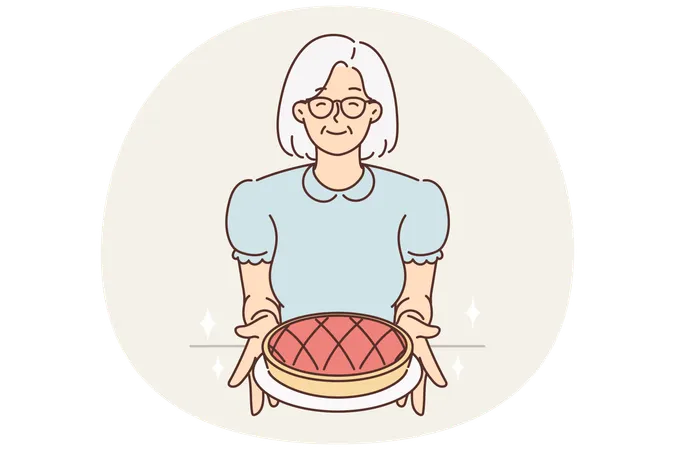 Smiling old grandmother hold homemade pie  Illustration