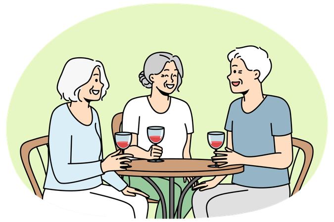 Smiling old people sit in cafe drink wine  Illustration