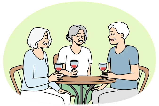Smiling old people sit in cafe drink wine  Illustration