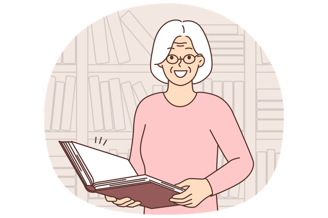 Smiling old woman in glasses with book in library.  Illustration