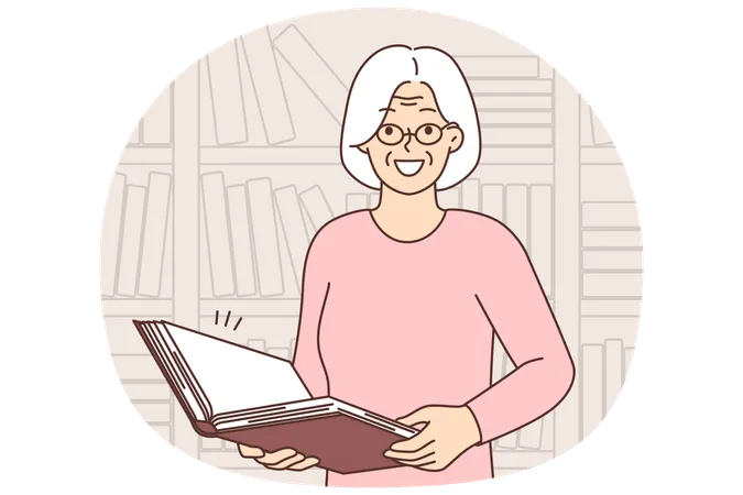 Smiling old woman in glasses with book in library.  Illustration
