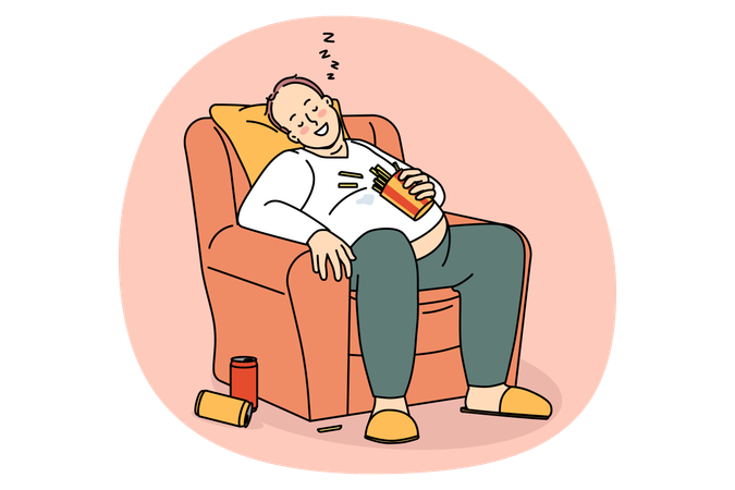Smiling over weight fatty man sitting napping in armchair after drinking soda and eating french fries  Illustration