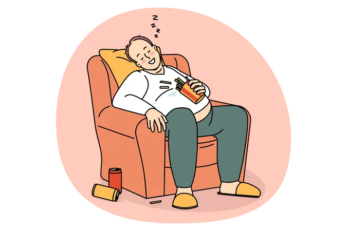 Smiling over weight fatty man sitting napping in armchair after drinking soda and eating french fries  Illustration