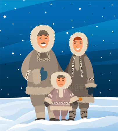 Eskimo Family Mother Father And Son Standing Together On Snowy Landscape Smiling Parents With Little Boy In Arctic North Pole Happy Arctic People Wearing Traditional Warm Clothes For Cold Climate Illustration