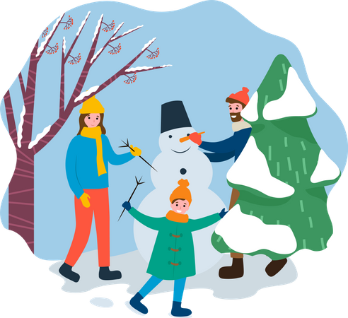 Smiling People Building Snowman in Park  Illustration