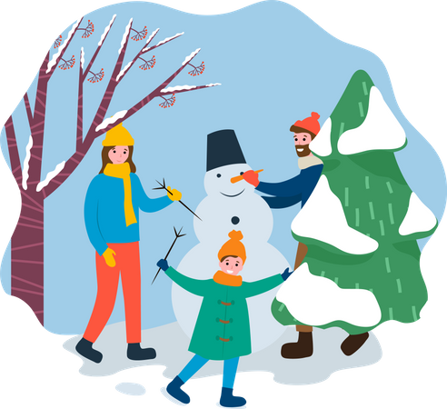 Smiling People Building Snowman in Park  Illustration