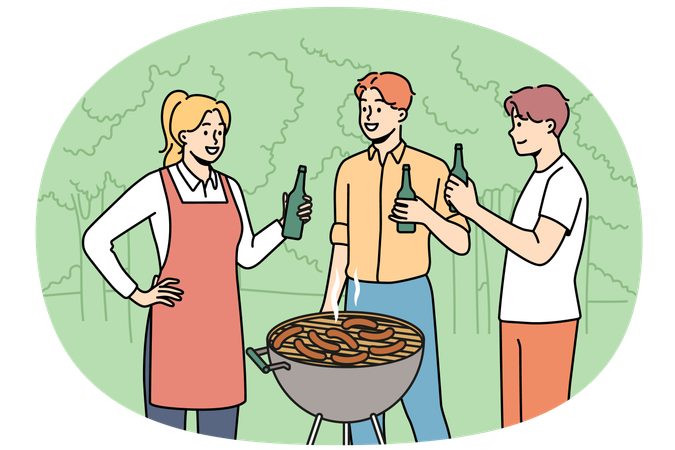 Smiling people enjoy summer barbecue  Illustration