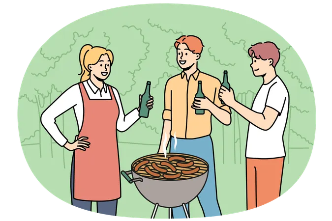 Smiling people enjoy summer barbecue  Illustration