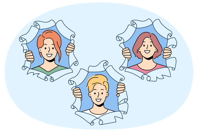 Smiling people look out of paper holes  Illustration