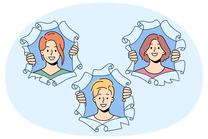 Smiling people look out of paper holes  Illustration