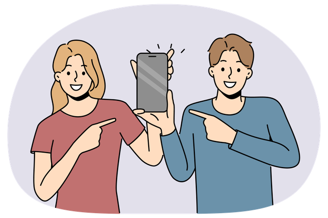 Smiling people point at cellphone screen  Illustration