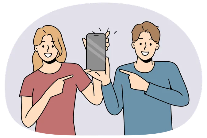 Smiling people point at cellphone screen  Illustration