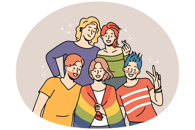 Smiling people pose with LGBT flag  Illustration