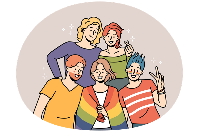 Smiling people pose with LGBT flag  Illustration
