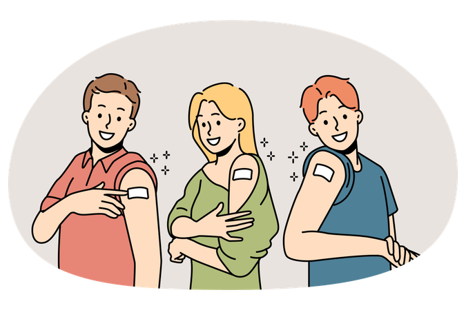 Smiling people show bandages after vaccination  Illustration