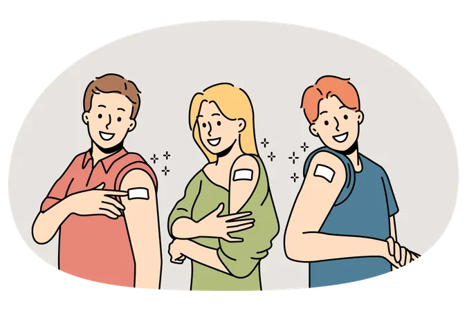 Smiling people show bandages after vaccination  Illustration