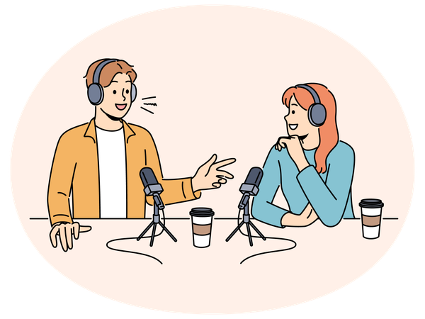 Smiling people talk in microphones on radio live  Illustration