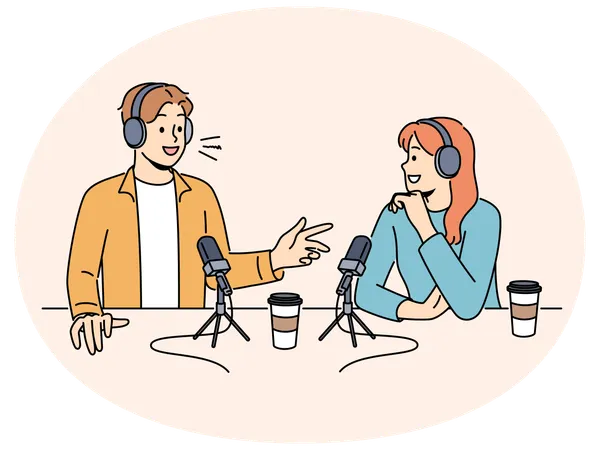 Smiling people talk in microphones on radio live  Illustration