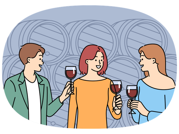 Smiling people tasting wine in cellar  Illustration