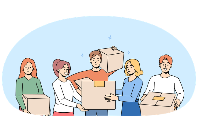 Smiling people with boxes moving together  Illustration