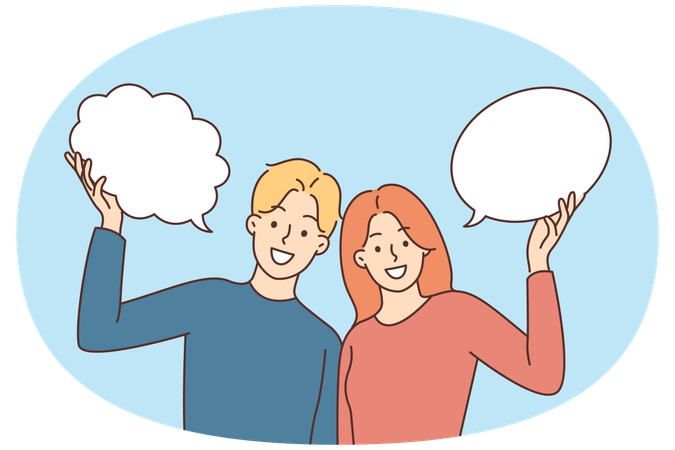 Smiling people with speech bubbles  Illustration