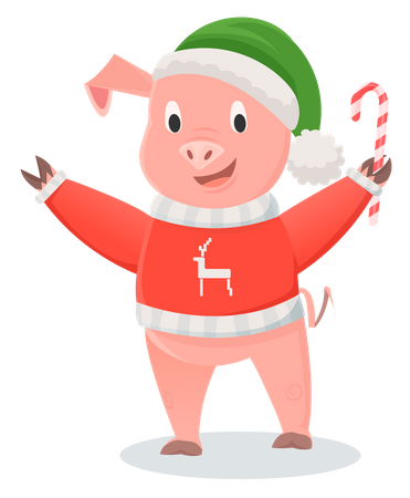 Smiling pig in red jersey holding candy stick  Illustration